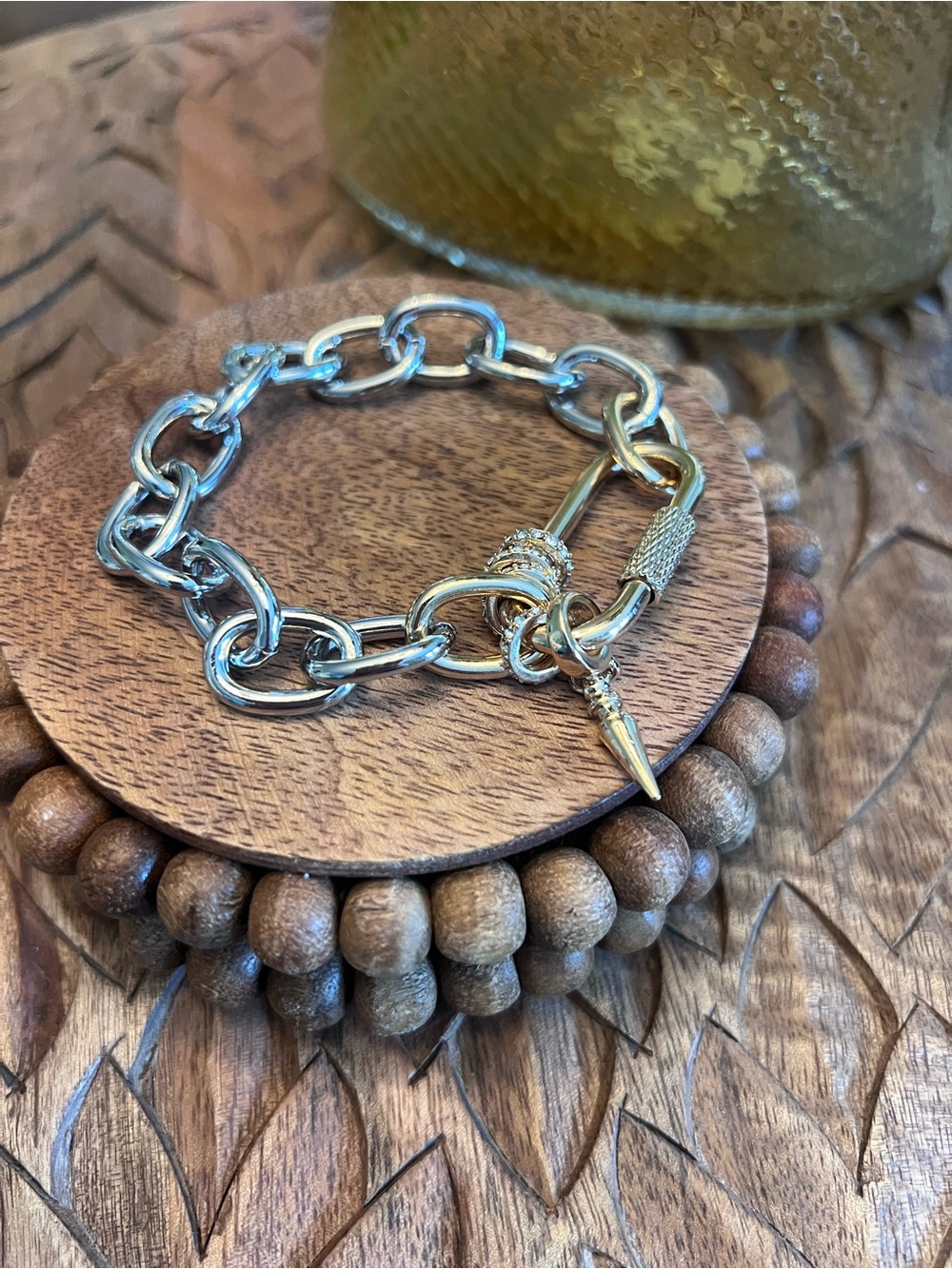 New Silver Link Chain Bracelet with Spike Charm - with rhinestone accents